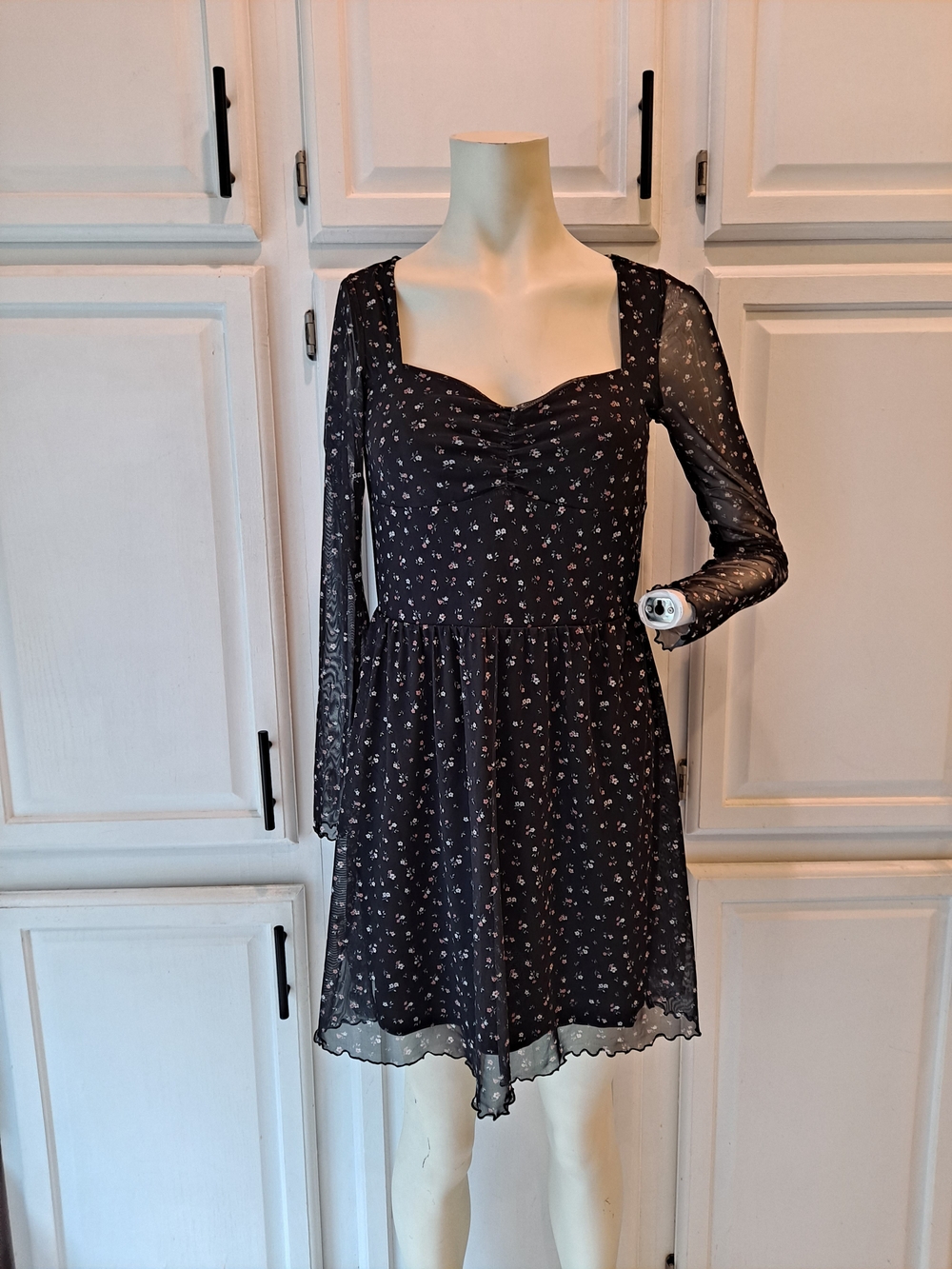 H&M Black Mesh White Pink Ditsy Floral Long-Sleeve Square-Neck Mini Skater Dress